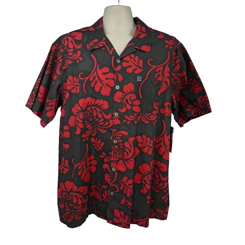 Quicksilver Mens Gray Red Floral Button Up Hawaiian Aloha Shirt XL Pocket New
